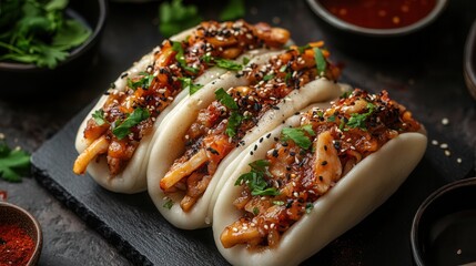 Delicious overhead view of jackfruit bao with savory filling and garnishes presented on a black slate plate