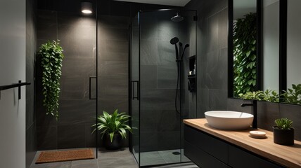 Modern dark bathroom with plants, shower, and wooden vanity.