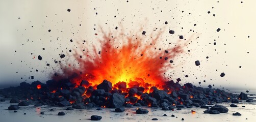 Flying ash debris explodes. Hot rocks, dust burst. Glowing embers scatter. Volcanic eruption scene. Abstract texture background. Grunge art image. Macro view of fiery ash. Vintage retro style. Burn