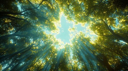 Obraz premium Sunlight streaming through lush canopy enchanted forest nature photography serene environment upward view tranquility