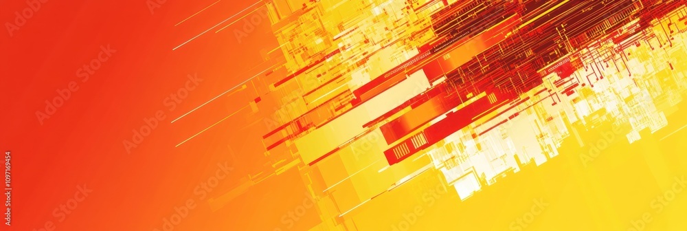 Poster abstract graphic design featuring vibrant orange and yellow hues with dynamic lines.