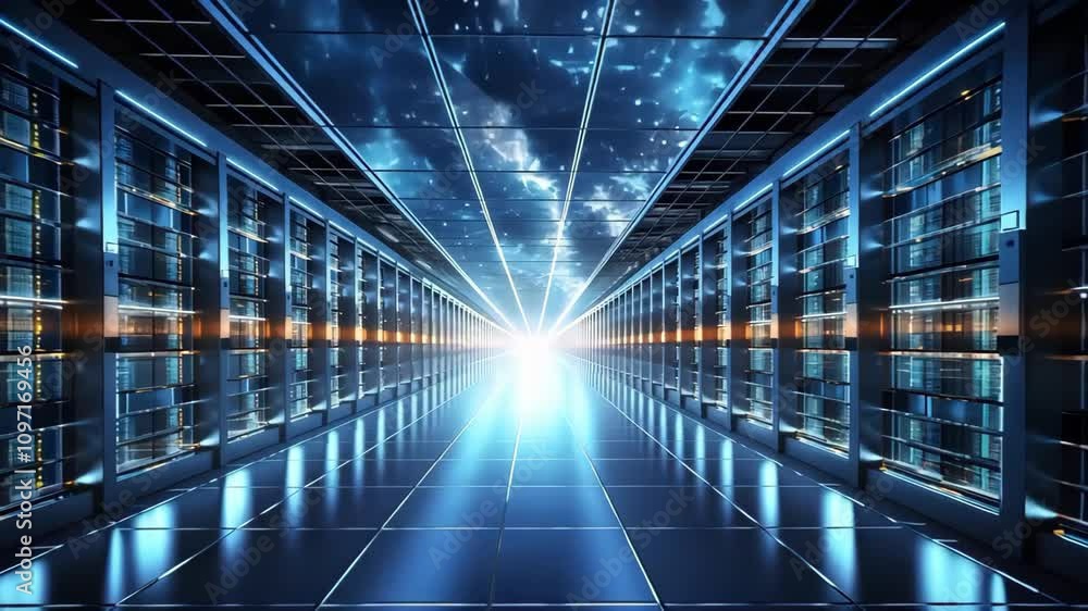 Aufkleber a futuristic data center with rows of servers and a bright light at the end, suggesting advanced tec