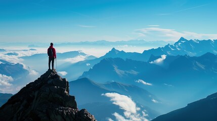 Hiker Standing on a Cliff Overlooking Majestic Mountain Peaks