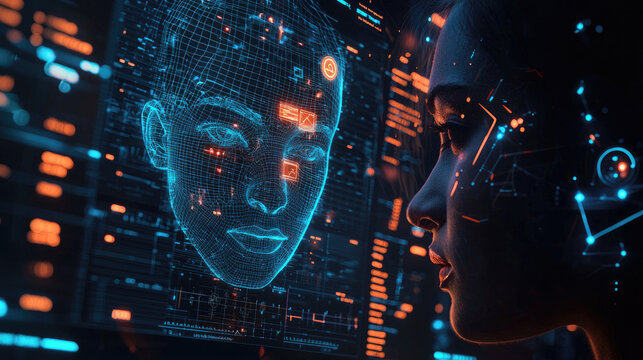 Woman looks at digital interface with cybernetic data displays, face and ai elements. Concept of facial recognition, screen, technology, display