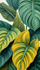 Monstera leaves. Oil painting. Pattern for printing on wall decorations, covers, leaflets, business cards