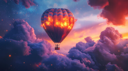 Fototapeta premium A hot air balloon floating in a vibrant, cloudy sky, with a firework of celestial bodies. Celestial Flame Wings. Illustration