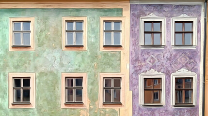 Obraz premium Close Up of Pastel Colored Facade with Windows and Unique Texture