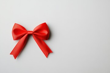 Red satin bow on white background with ample space for text