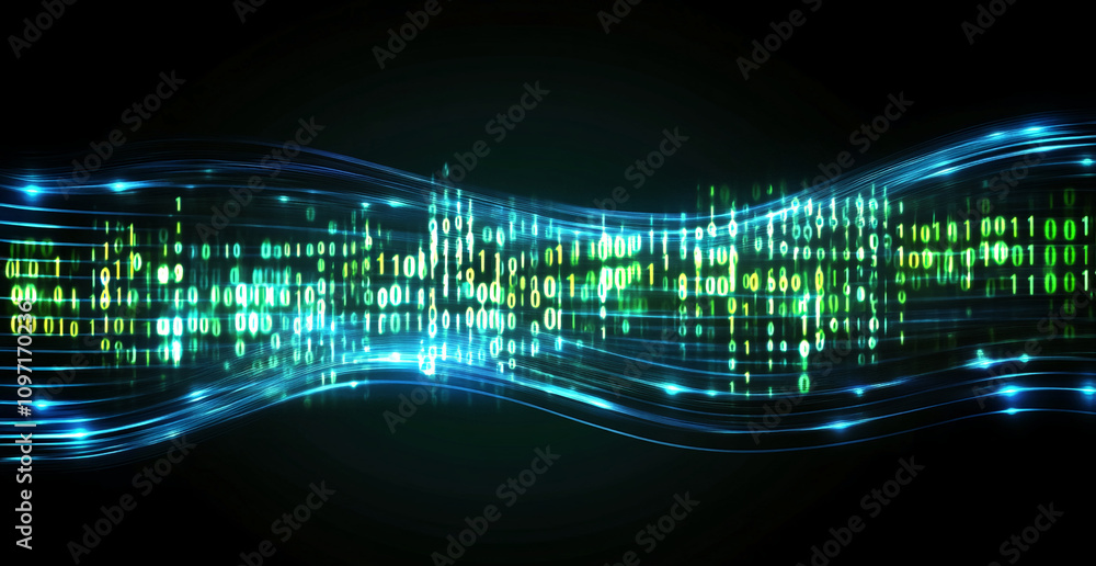 Aufkleber Visual representation of flowing digital data with vibrant colors and binary code patterns in a futuristic style