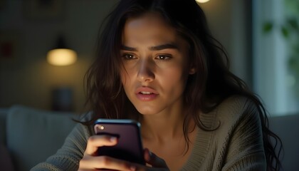 Joven preocupada revisando su celular tras ser víctima de fraude en línea, perdiendo ahorros por estafa bancaria