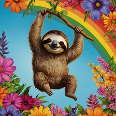Happy Sloth with Rainbow