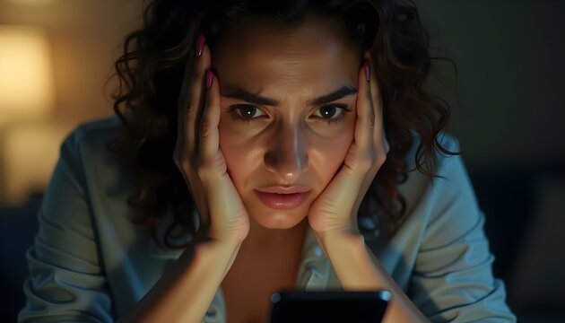 Joven preocupada revisando su celular tras ser v&iacute;ctima de fraude en l&iacute;nea, perdiendo ahorros por estafa bancaria