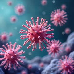 Fototapeta premium Microscopic virus 3D render. Pink microbes float abstract background. Medical research image. Healthcare science illustration. Viral infection concept. Disease study visual. Pharmaceutical industry