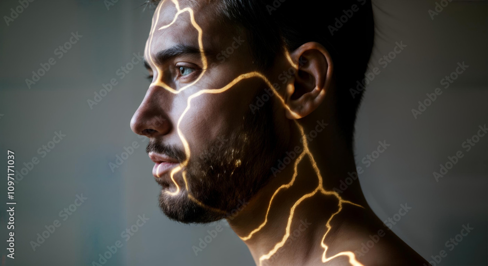 Poster man with electric light pattern illuminating profile in dark background