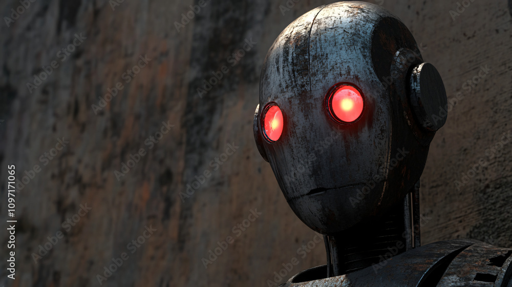 Poster close-up of a deteriorated robot with glowing red eyes set against a dark, textured backdrop, evokin