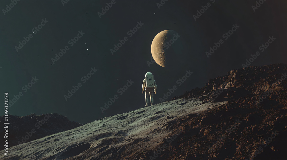 Poster Astronaut bravely explores a mysterious new planet with a massive celestial body looming in the sky above, surrounded by the beauty of the cosmos