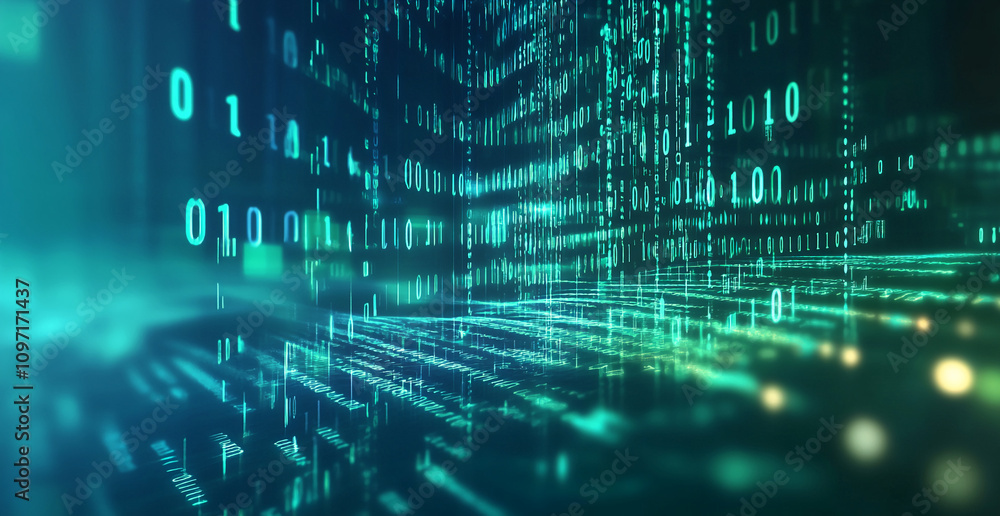 Aufkleber Digital data streams illuminate a futuristic landscape filled with binary code and glowing details in a virtual environment