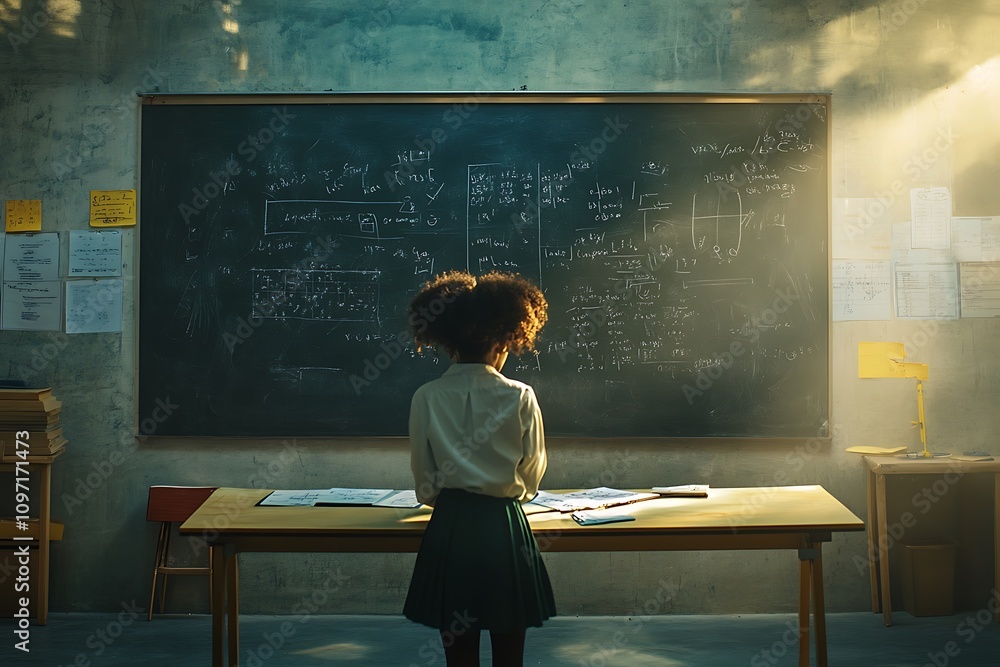 Poster a student stands before a chalkboard filled with mathematical equations in a classroom.