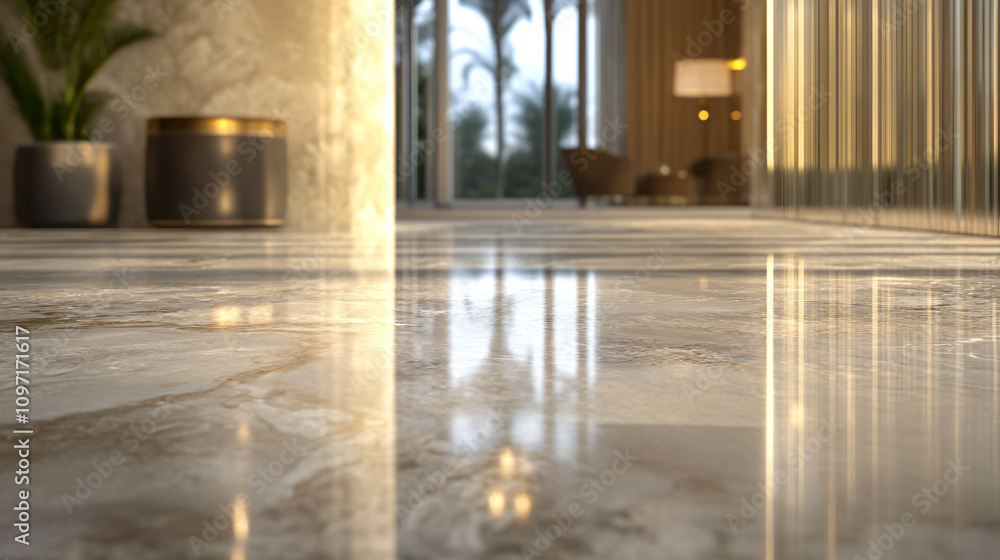Poster Sunlight reflects on a polished marble floor in a modern lobby, creating a luxurious and elegant atmosphere