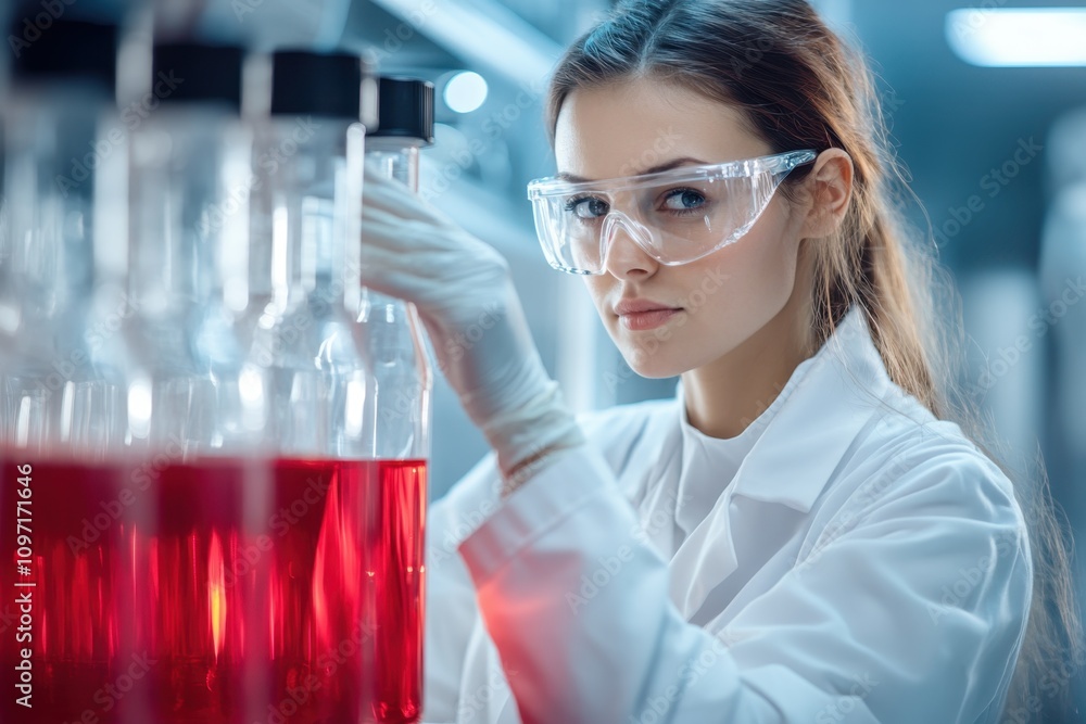 Poster young scientist conducting experiments with red liquid in a laboratory environment