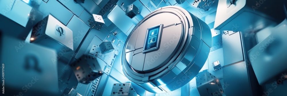 Fototapete a futuristic digital landscape featuring a secure vault and floating data blocks.