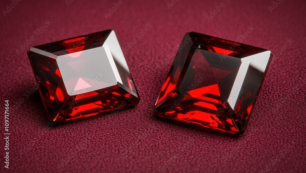 Poster Two red gemstones with a square cut resting on a textured surface.