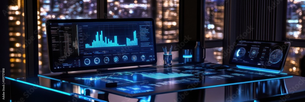 Poster A futuristic workspace with advanced digital displays and data analytics tools.