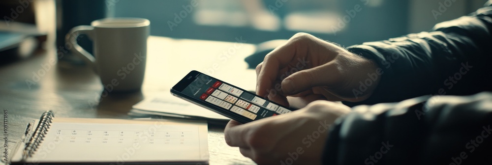 Poster A person using a smartphone while sitting at a table with a coffee cup and a planner.