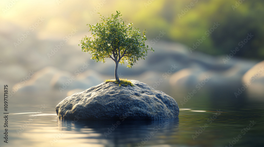 Poster surreal image of a small tree growing on a rock in the middle of a lake, symbolizing resilience, sol