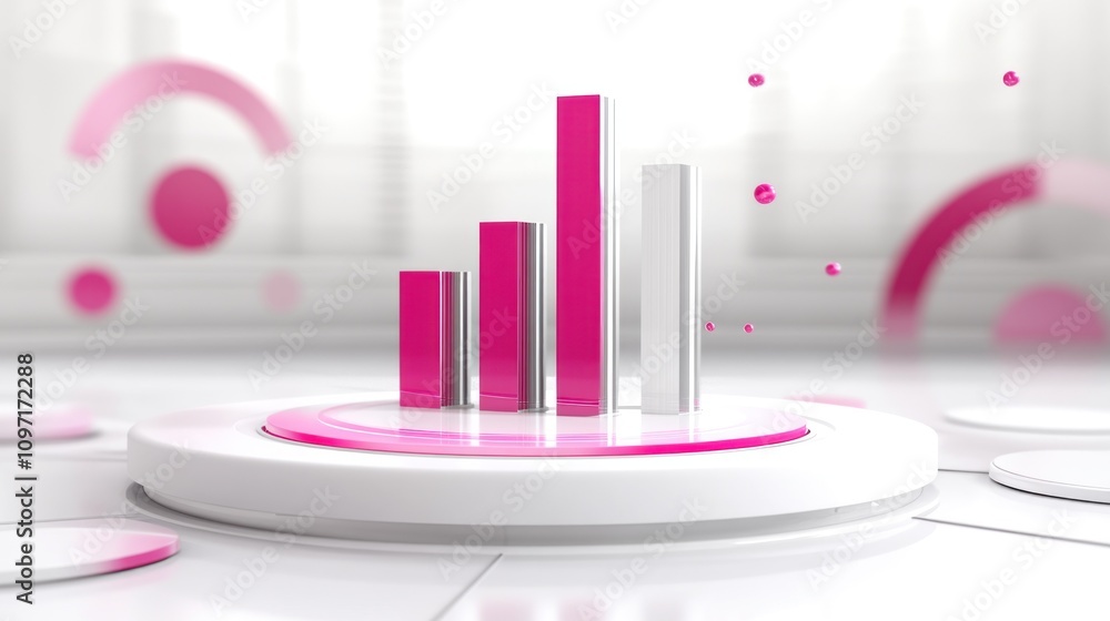 Poster A modern, abstract bar graph design with pink and silver elements on a circular platform.