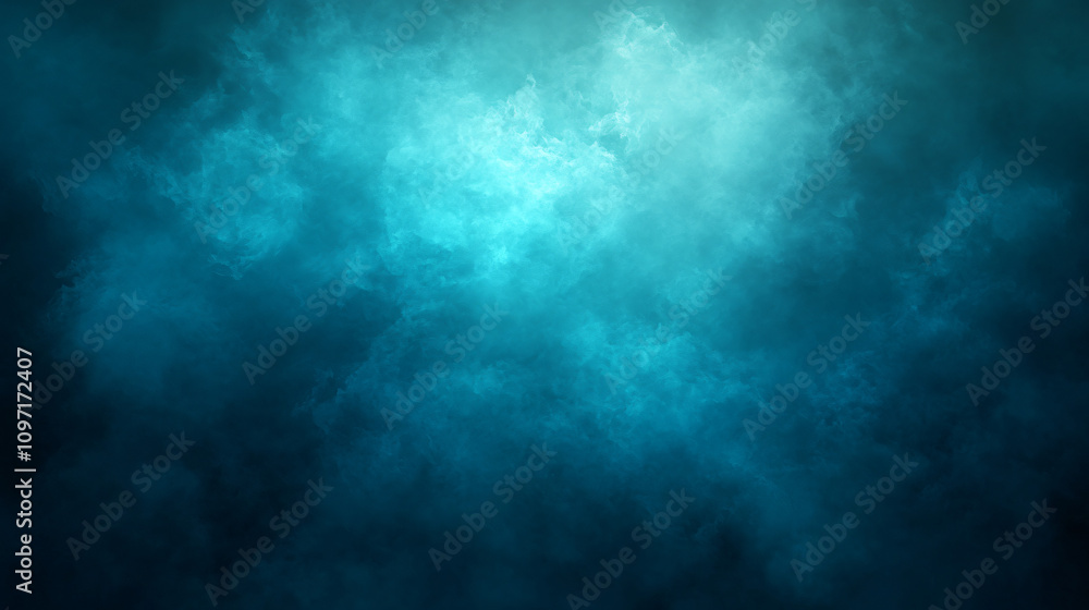 Poster swirling light turquoise clouds against a dark blue backdrop for a dramatic and enigmatic setting
