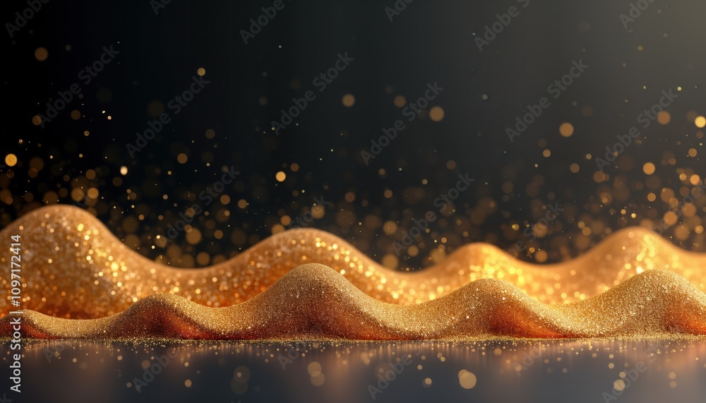 Wall mural golden glitter wave abstract background. shiny particles sparkle. glistening texture. dark blue spac