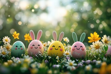 Colorful Easter eggs with bunny ears in a flower-filled meadow.