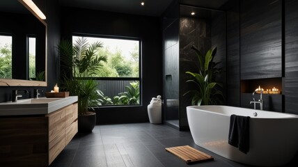 Modern dark bathroom with freestanding tub, plants, and large window.