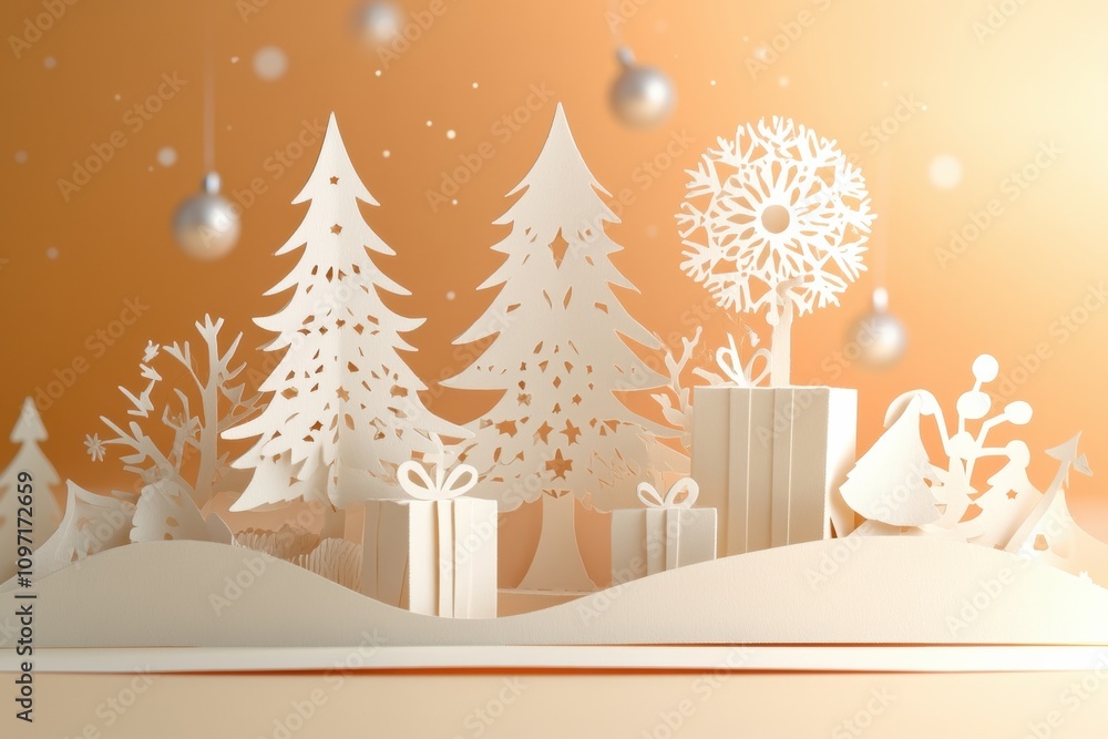 Poster intricately designed holiday card features delicate paper cut-outs of trees and gifts, creating a fe