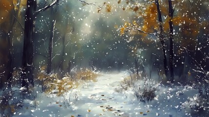 A serene winter landscape with snow-covered trees and a gentle snowfall.