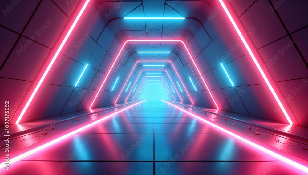 Aufkleber Futuristic tunnel glows pink blue neon. Abstract geometric corridor design. Sci-fi 3D render. Modern tech background. Virtual space. Bright digital art. Network connection. Creative graphic. Trendy