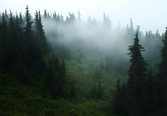 Misty Forest Landscape with Tall Trees and Fog in Background