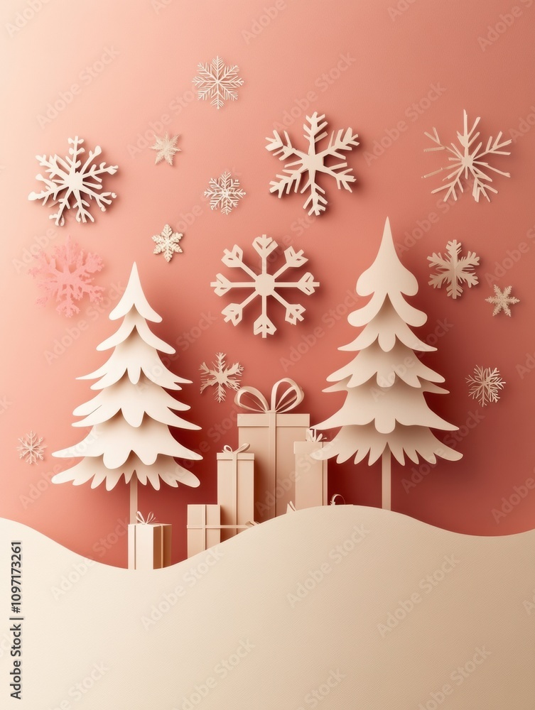 Poster this festive card features intricately crafted paper cut-out trees surrounded by snowflakes and pres