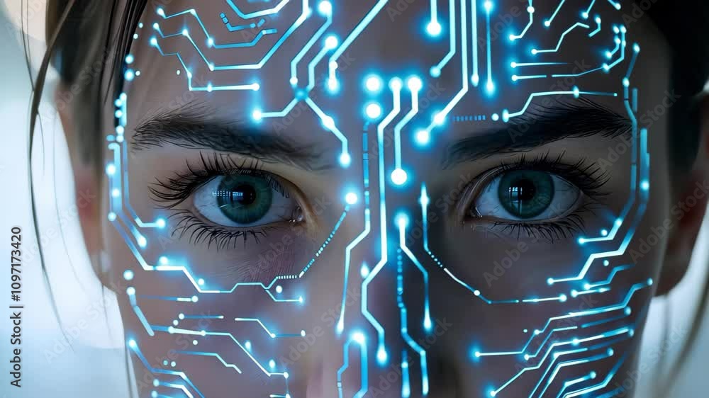 Poster a close-up of a person's face with a digital circuit pattern overlay, symbolizing the fusion of tech