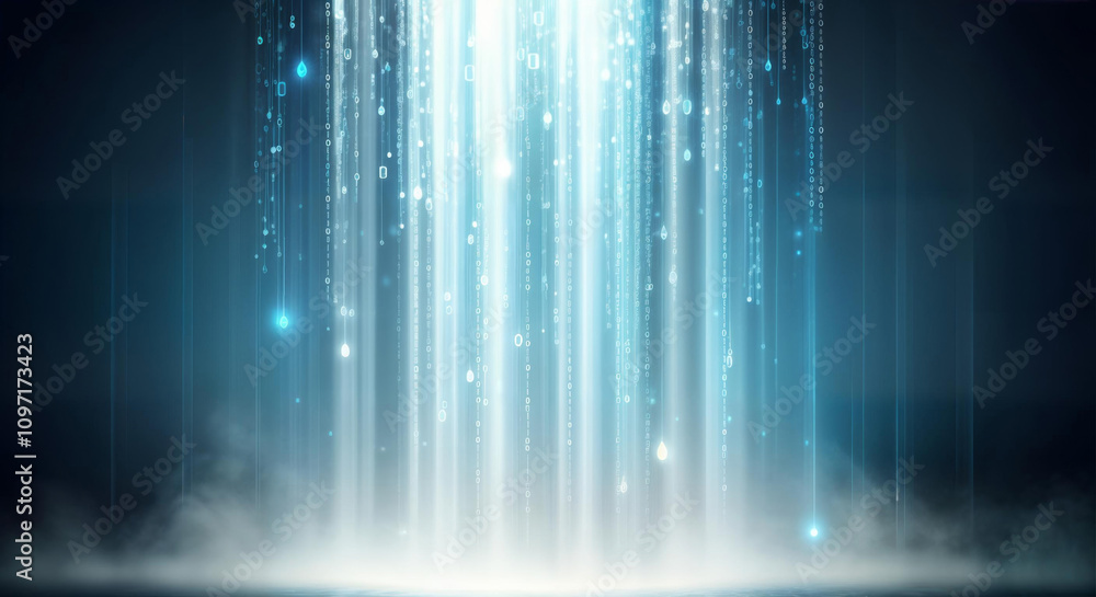 Poster digital light cascade with streaming data particles and futuristic matrix glow