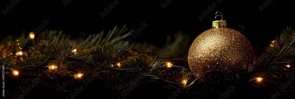 Poster golden ornament sparkles brightly as it hangs from a vibrant pine branch, surrounded by warm, glowin