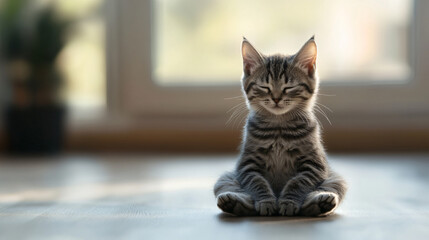 Adorable tabby kitten meditating sitting in lotus position on the floor with closed eyes, enjoying peaceful atmosphere