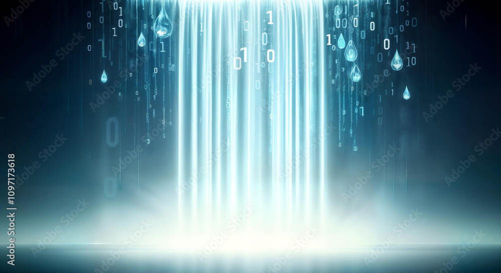 Poster digital data stream flowing in a futuristic abstract waterfall