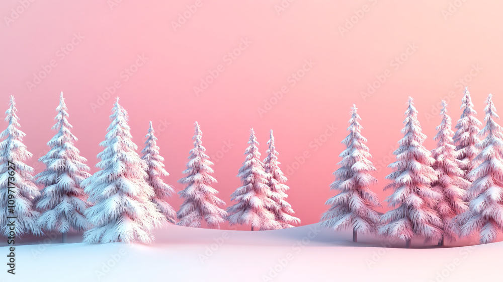 Poster 3d rendering of a beautiful winter landscape with snowy fir trees on a hill against a pink and blue 