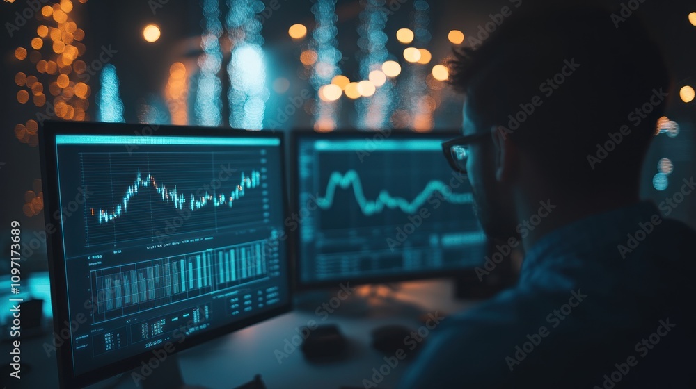 Poster Man Analyzing Stock Market Data On Computer Screens