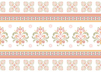 A decorative pattern featuring floral motifs and geometric designs in soft pastel colors, ideal for textiles or wallpaper.