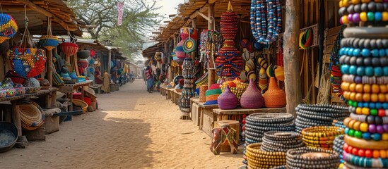 Fototapeta premium Vibrant African market with colorful handicrafts, pottery, and beaded jewelry.