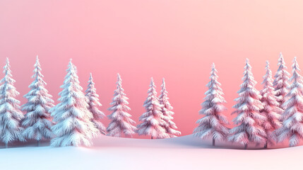 Fototapeta premium 3d rendering of a beautiful winter landscape with snowy fir trees on a hill against a pink and blue pastel sky