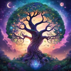 Whimsical tree adorned with various symbols including suns, moons, and stars.